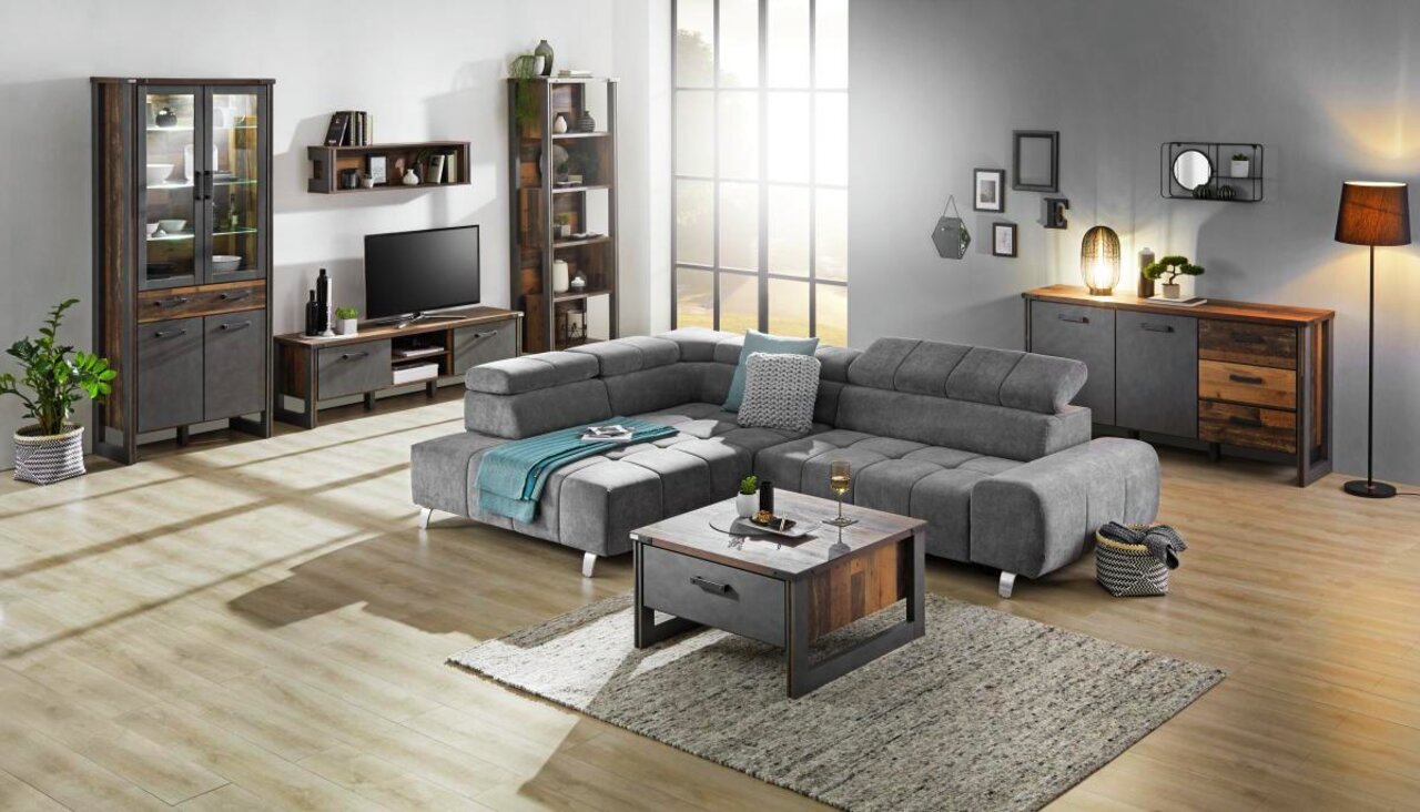 Hom´in Ecksofa TAIFUN Graues Ecksofa TAIFUN mit Ottomane links in modernem Wohnzimmer, seitliche Perspektive
