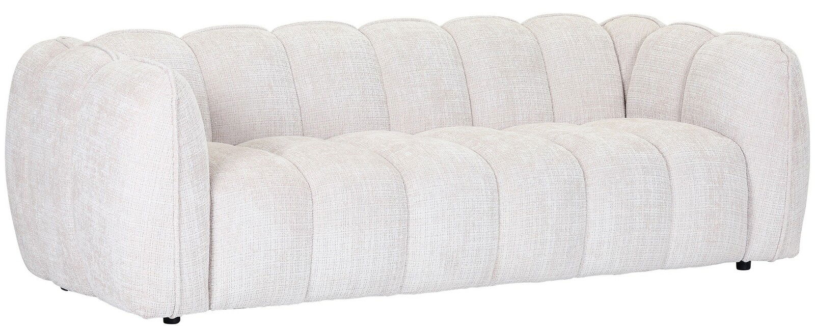 Großes, cremefarbenes Sofa mit abgerundeten Kanten und gepolsterten Segmenten, seitliche Perspektive