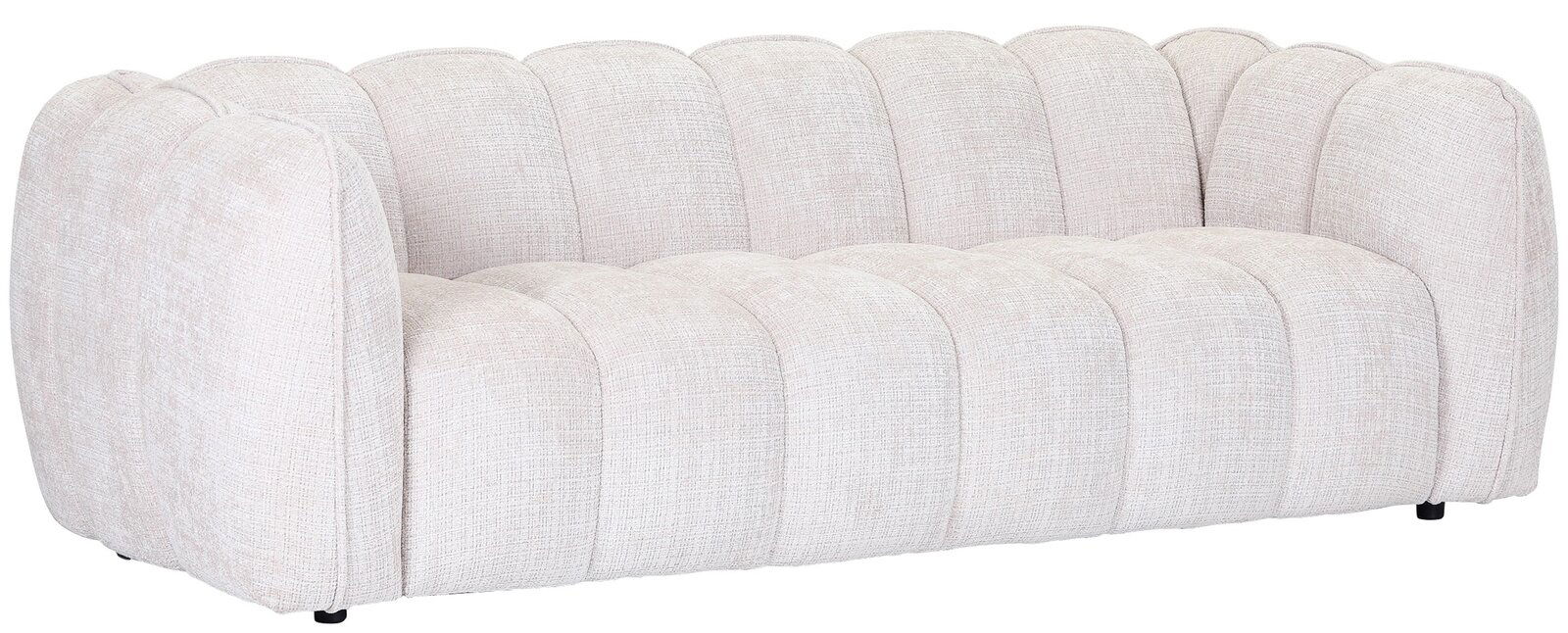 Großes, cremefarbenes Sofa mit abgerundeten Kanten und gepolsterten Segmenten, seitliche Perspektive