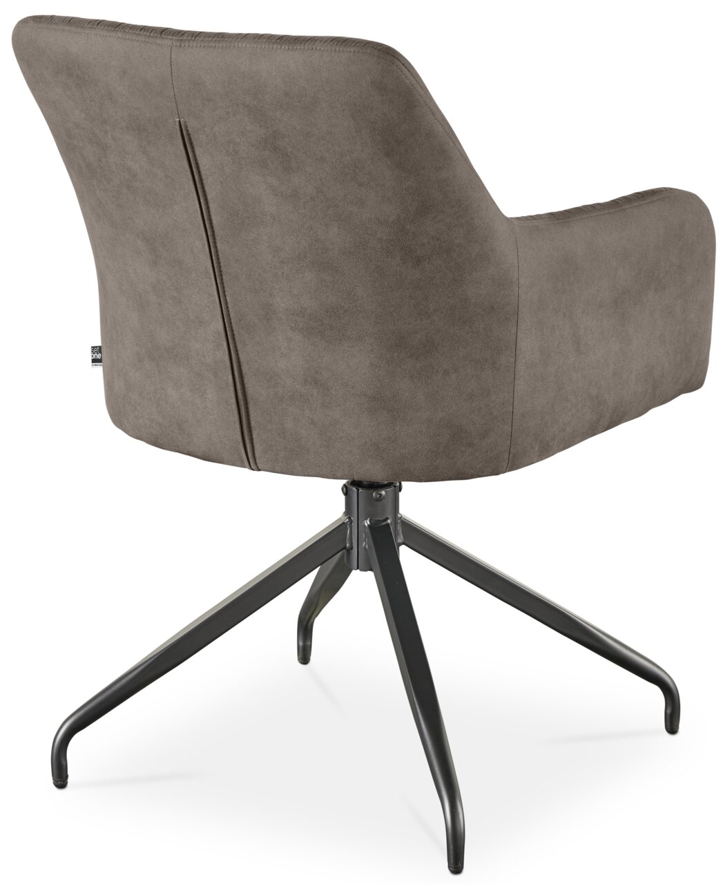 Achterkant van een moderne fauteuil met grijze stoffen bekleding en een zwart metalen frame.