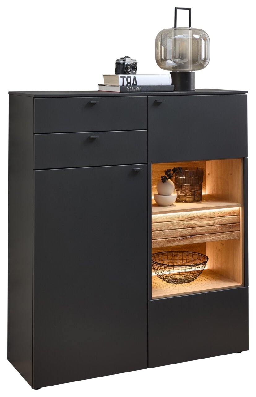 Venjakob Highboard LUMEA Modernes Highboard in dunklem Design mit dekorativer Beleuchtung, seitliche Perspektive