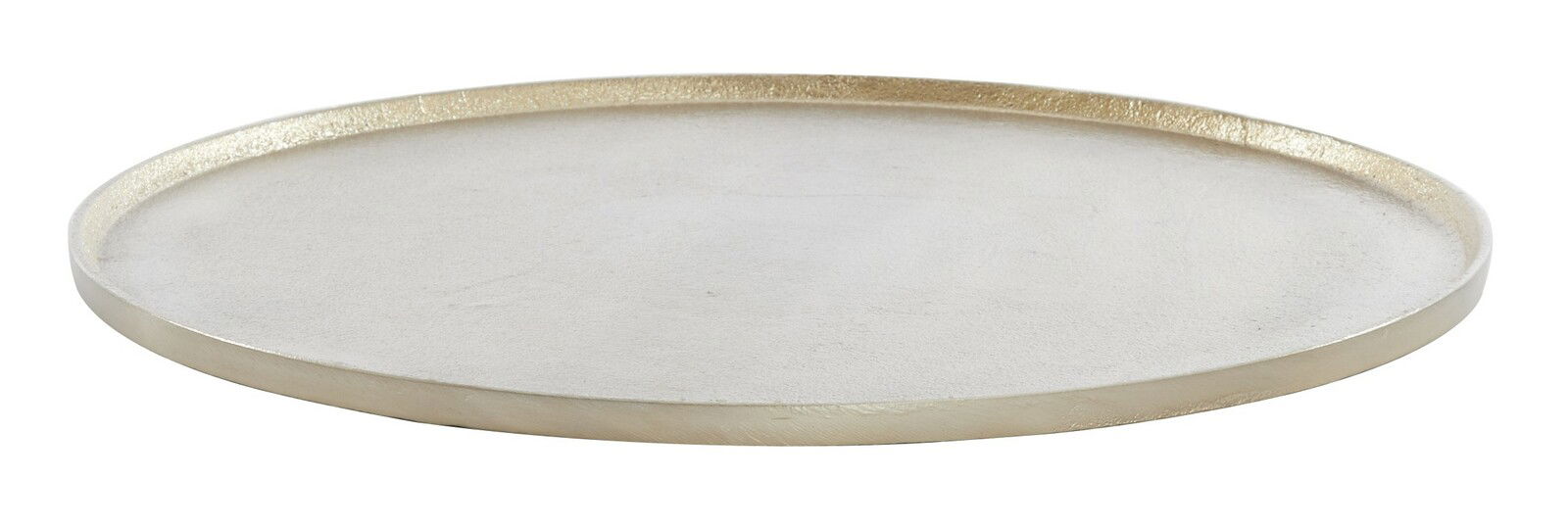 Light&Living Schale MAES Flache, runde Schale mit einem Durchmesser von 40 cm und einer Höhe von 1,5 cm in hellem Goldton, seitliche Perspektive.