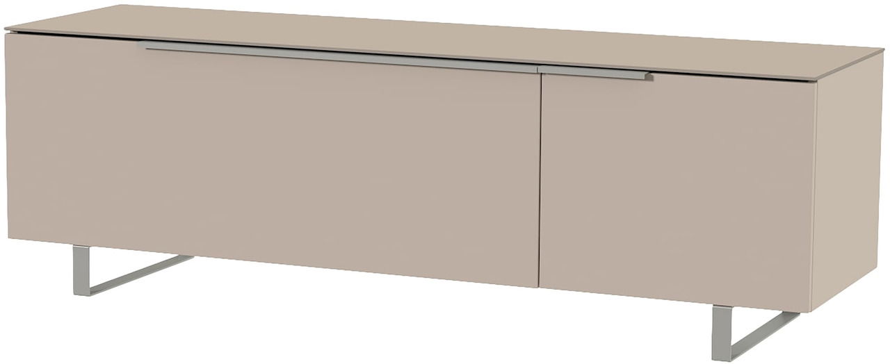 Modernes TV-Lowboard in Beige mit Metallfüßen, seitliche Perspektive
