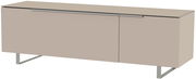 Modernes TV-Lowboard in Beige mit Metallfüßen, seitliche Perspektive