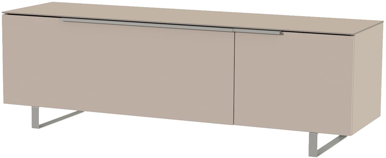 Modernes TV-Lowboard in Beige mit Metallfüßen, seitliche Perspektive