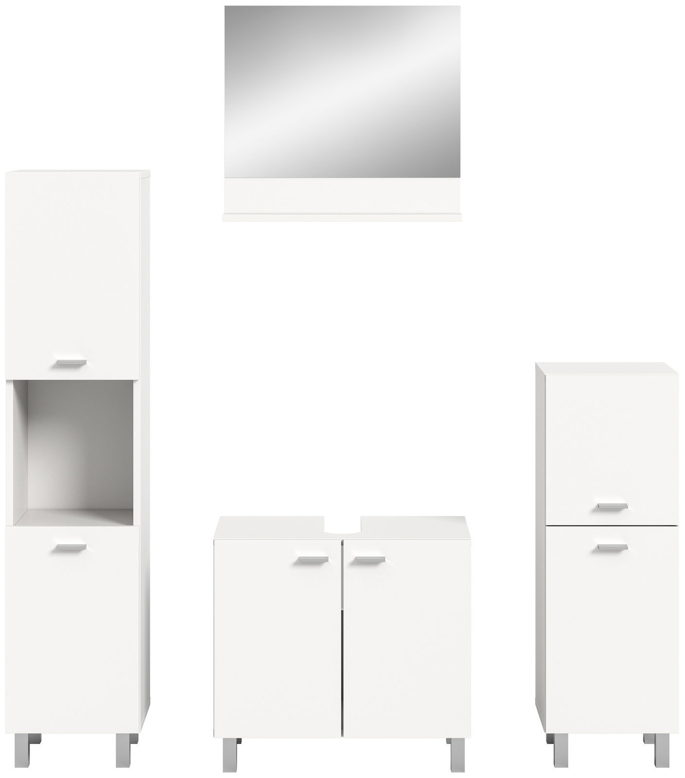 Frontale Ansicht der weißen Badkombination BOSTON von MID.YOU, bestehend aus einem hohen Schrank, einem Waschbeckenunterschrank und einem Spiegelschrank.