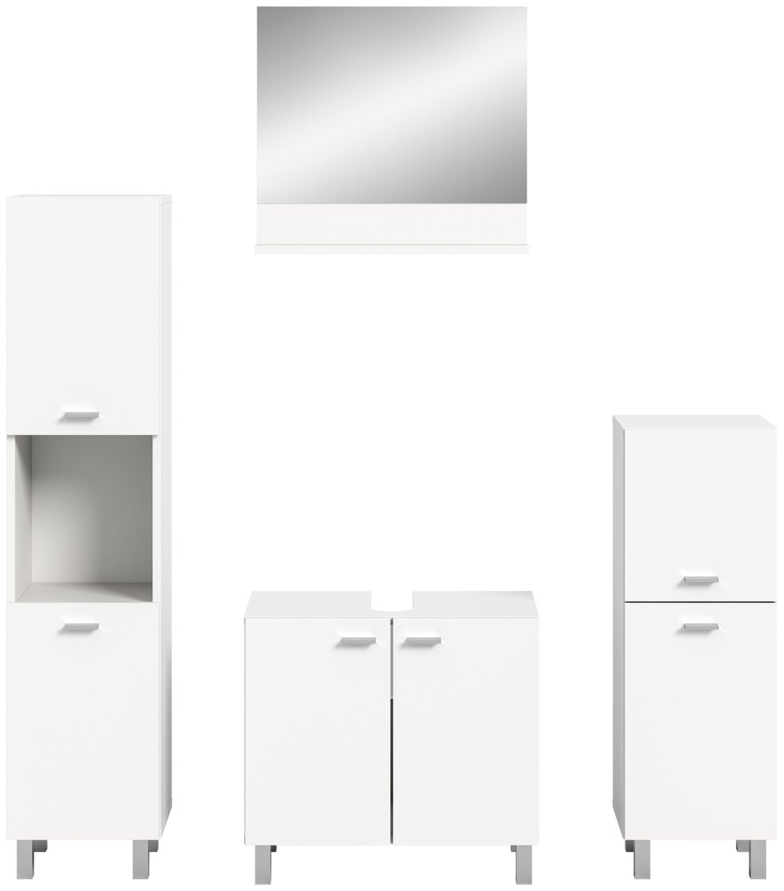 Frontale Ansicht der weißen Badkombination BOSTON von MID.YOU, bestehend aus einem hohen Schrank, einem Waschbeckenunterschrank und einem Spiegelschrank.
