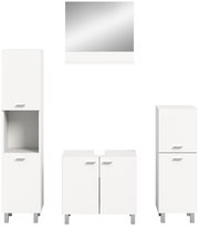 Frontale Ansicht der weißen Badkombination BOSTON von MID.YOU, bestehend aus einem hohen Schrank, einem Waschbeckenunterschrank und einem Spiegelschrank.