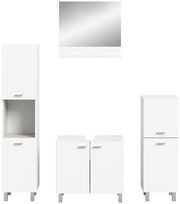 Frontale Ansicht der weißen Badkombination BOSTON von MID.YOU, bestehend aus einem hohen Schrank, einem Waschbeckenunterschrank und einem Spiegelschrank.