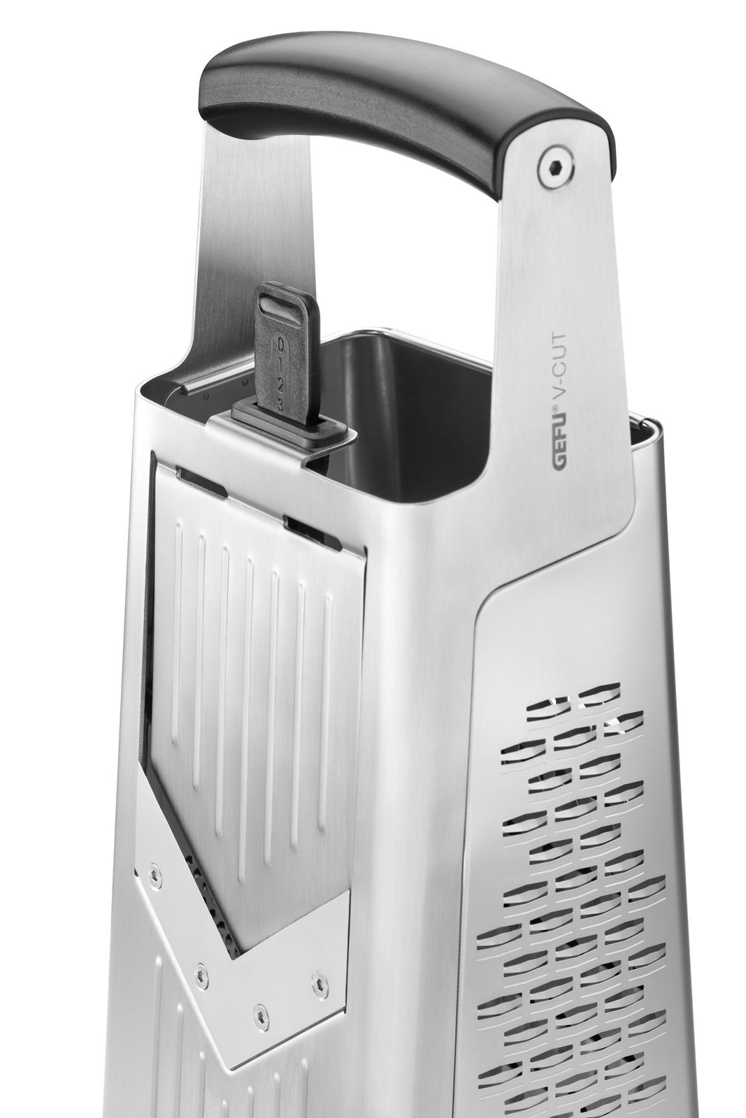 Nahaufnahme einer Vierkantreibe V-CUT aus Edelstahl mit ergonomischem Griff, seitlicher Perspektive.