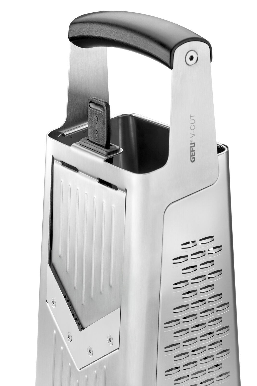 Nahaufnahme einer Vierkantreibe V-CUT aus Edelstahl mit ergonomischem Griff, seitlicher Perspektive.