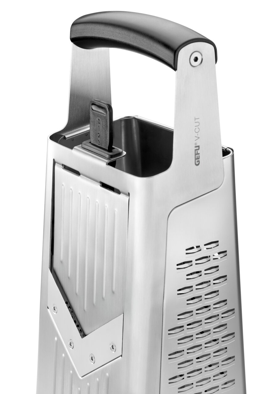 Nahaufnahme einer Vierkantreibe V-CUT aus Edelstahl mit ergonomischem Griff, seitlicher Perspektive.