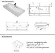 Moderner rechteckiger Waschtisch mit Wasserhahn, Draufsicht und technische Zeichnungen.