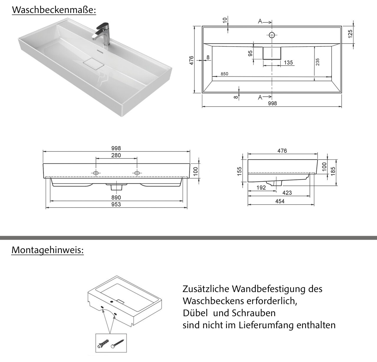 Moderne rechthoekige wastafel met kraan, bovenaanzicht en technische tekeningen.