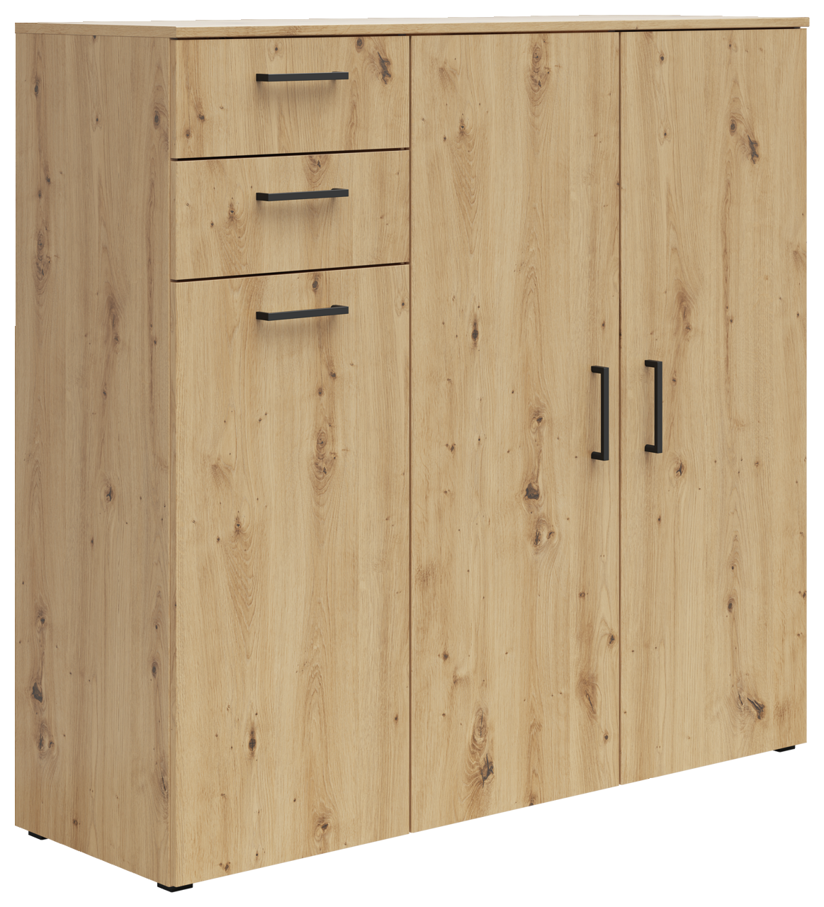 Carryhome Kommode MULTISTAURAUM Kommode aus hellem Holz mit zwei Türen und drei Schubladen, seitliche Perspektive