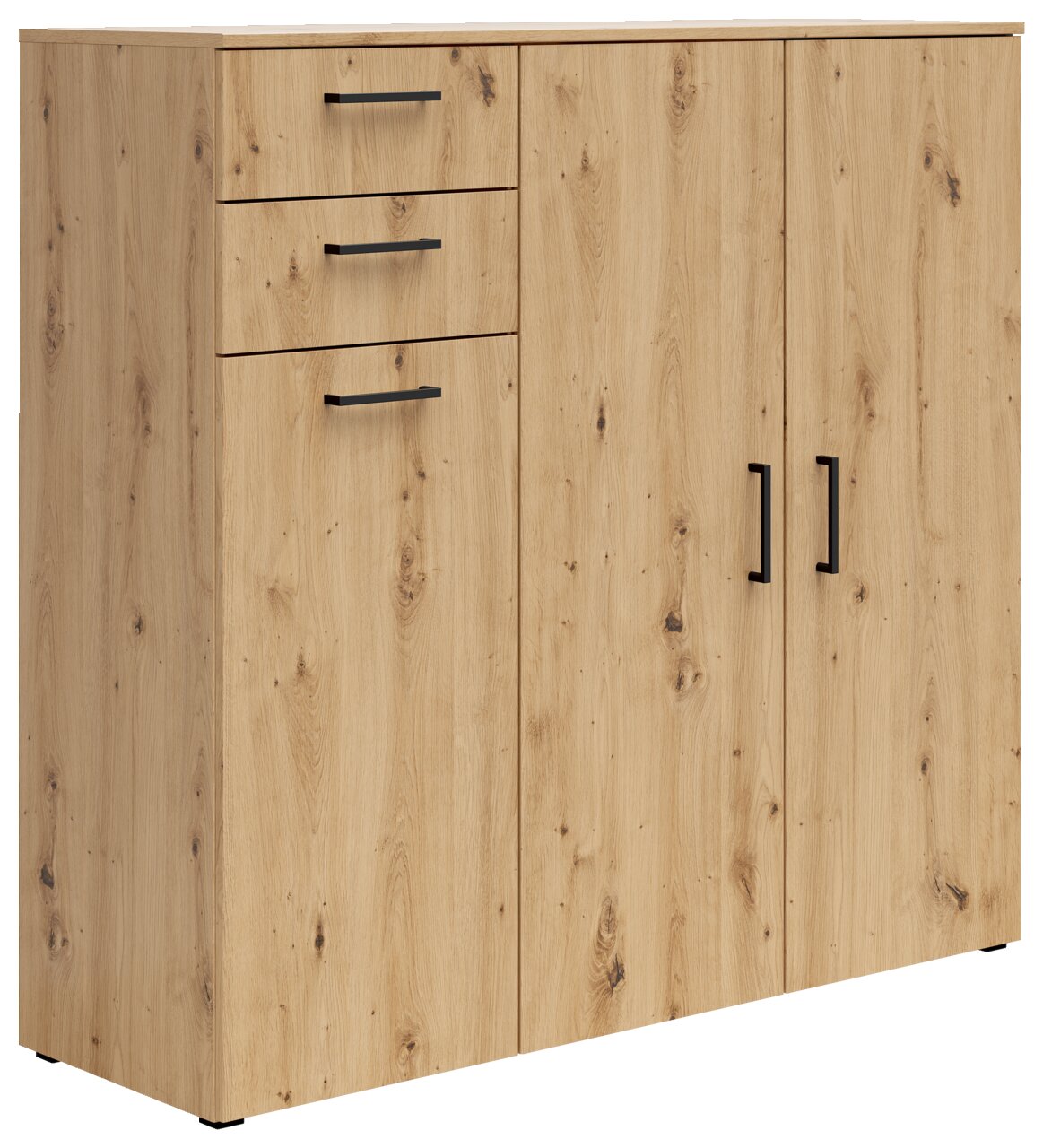 Carryhome Kommode MULTISTAURAUM Kommode aus hellem Holz mit zwei Türen und drei Schubladen, seitliche Perspektive