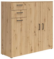 Kommode aus hellem Holz mit zwei Türen und drei Schubladen, seitliche Perspektive