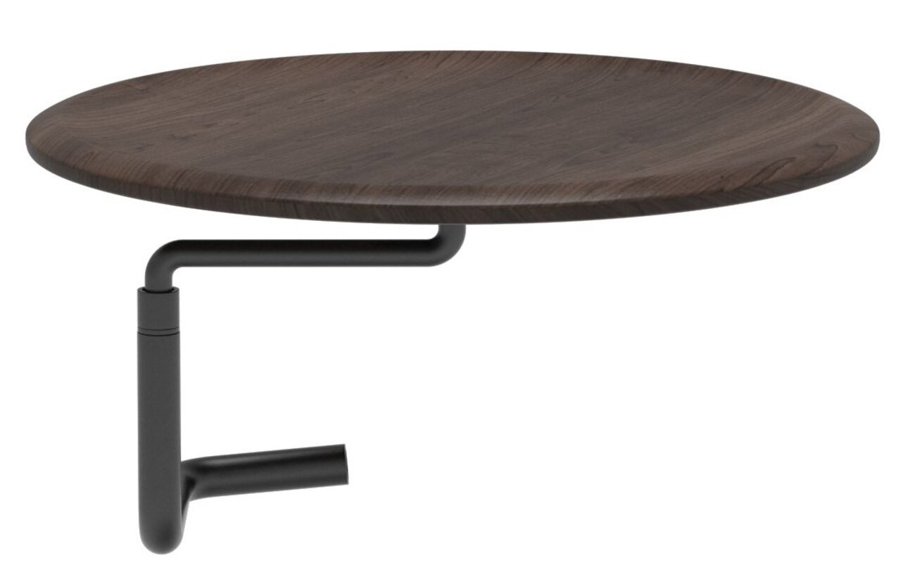 Stressless Tisch SWINGTISCH 2010 Runder Tisch mit dunkler Holzplatte und schwarzem Metallgestell, seitliche Perspektive
