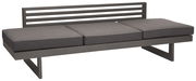 Moderne graue Lounge-Bank mit drei Sitzpolstern und horizontalen Streben in der Rückenlehne, seitliche Perspektive