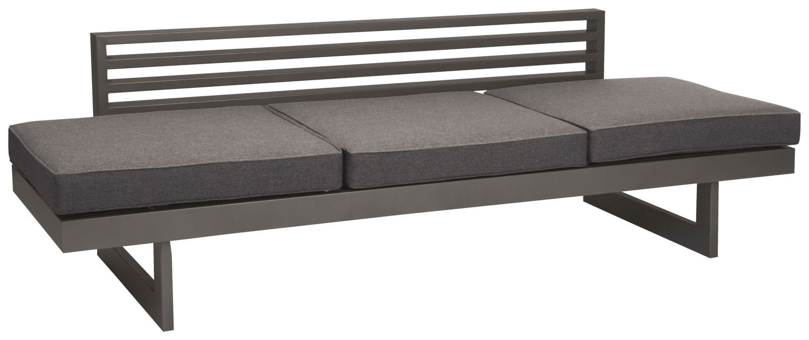Stern Lounge NEW HOLLY DINING Moderne graue Lounge-Bank mit drei Sitzpolstern und horizontalen Streben in der Rückenlehne, seitliche Perspektive