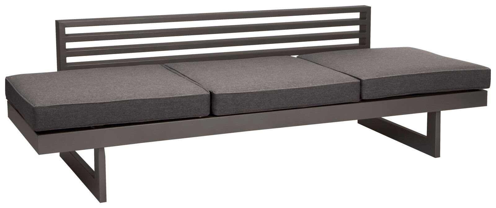 Stern Lounge NEW HOLLY DINING Moderne graue Lounge-Bank mit drei Sitzpolstern und horizontalen Streben in der Rückenlehne, seitliche Perspektive