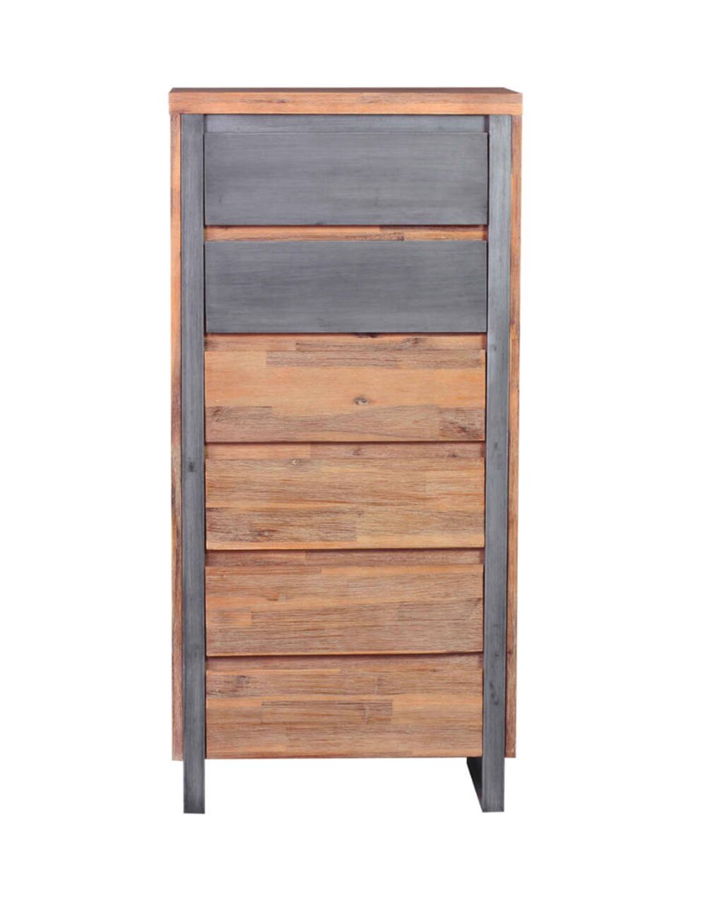 Frontale Ansicht eines modernen Highboards mit Holz- und Metallelementen, bestehend aus mehreren Schubladen.