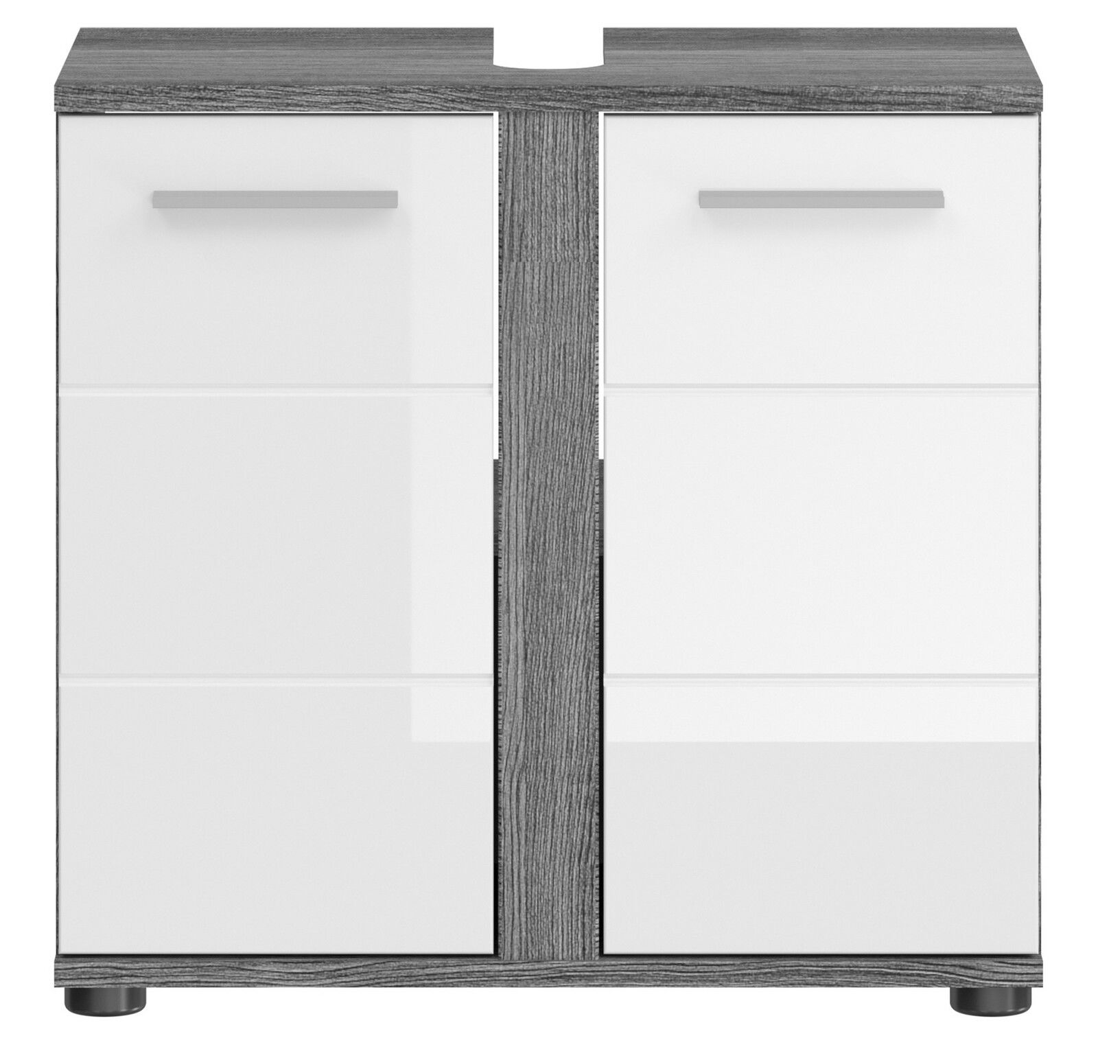 Frontansicht einer modernen Badkombination mit zwei weißen Türen und grauen Holzdetails.