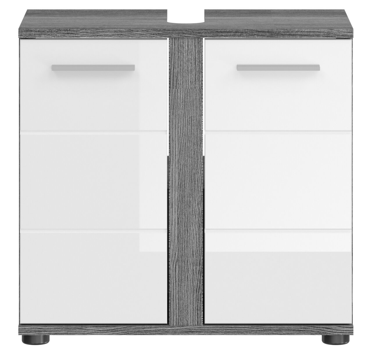 Frontansicht einer modernen Badkombination mit zwei weißen Türen und grauen Holzdetails.