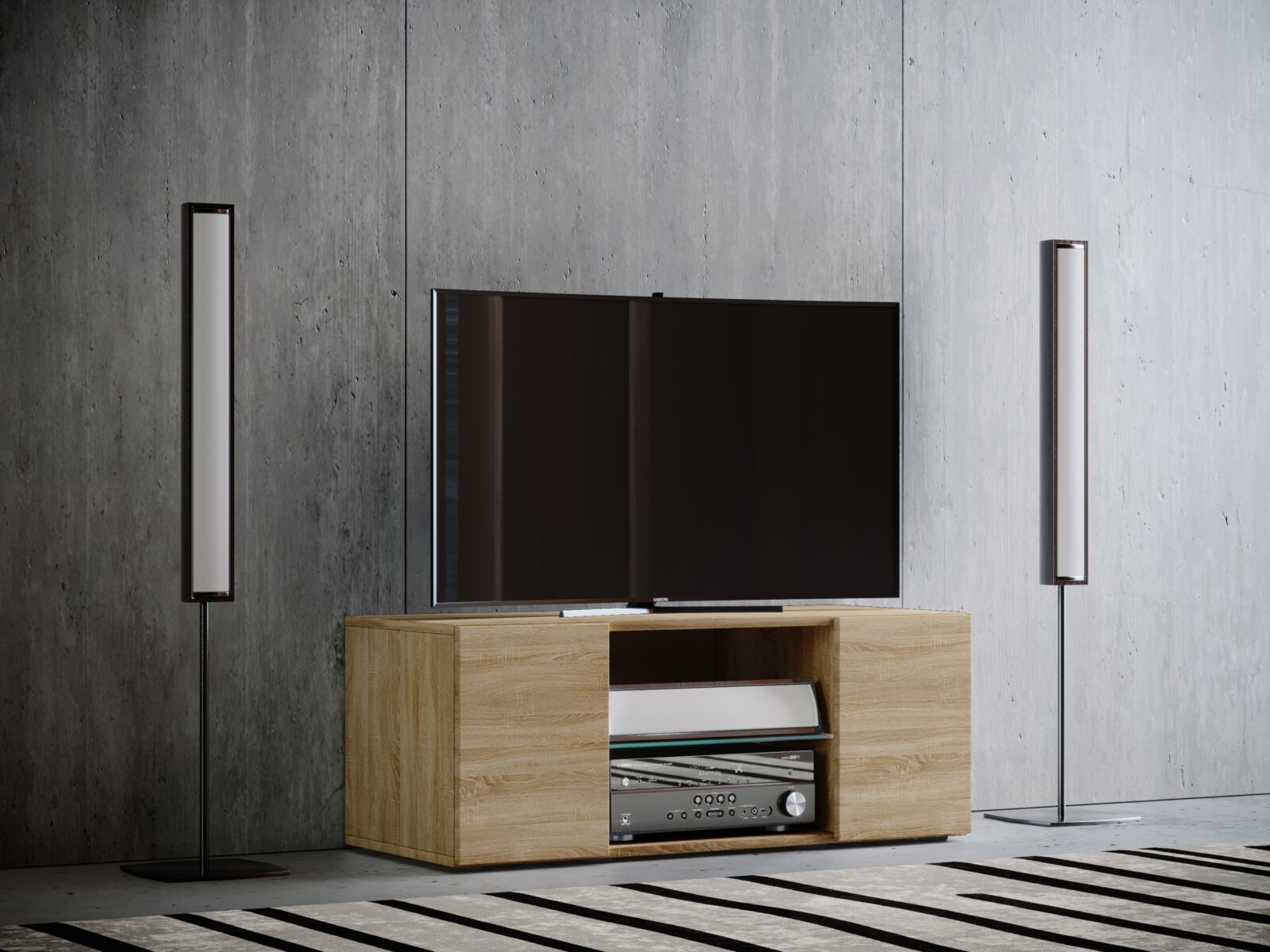 VCM TV-Lowboard LOWINA Modernes Wohnzimmer-Setup mit TV auf hellem Holz-TV-Board und zwei schlanken Standlautsprechern vor Betonwand, Frontansicht auf Augenhöhe