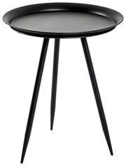 Schwarzer Beistelltisch mit runder Tischplatte und drei schlanken Beinen, seitliche Perspektive