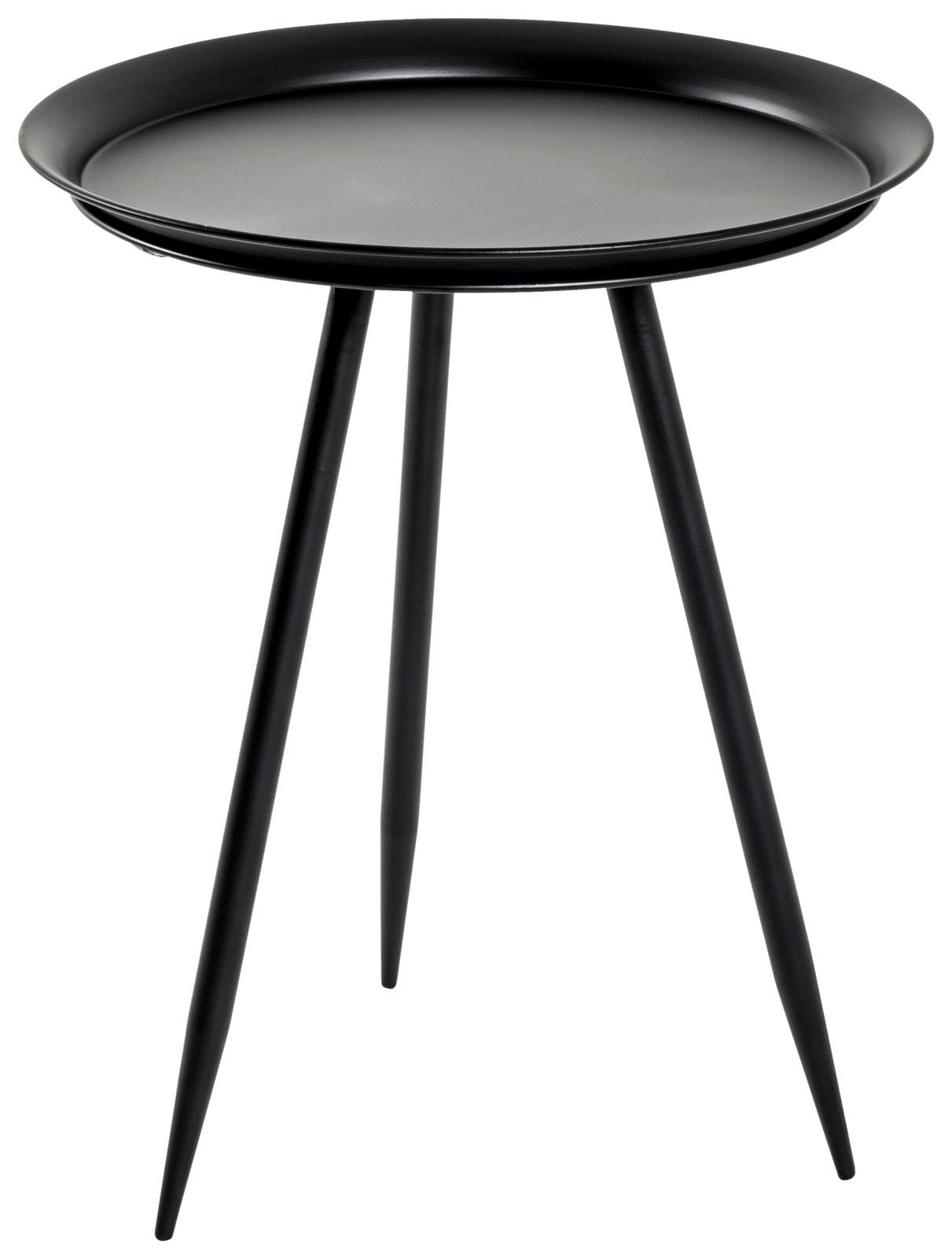 Schwarzer Beistelltisch mit runder Tischplatte und drei schlanken Beinen, seitliche Perspektive