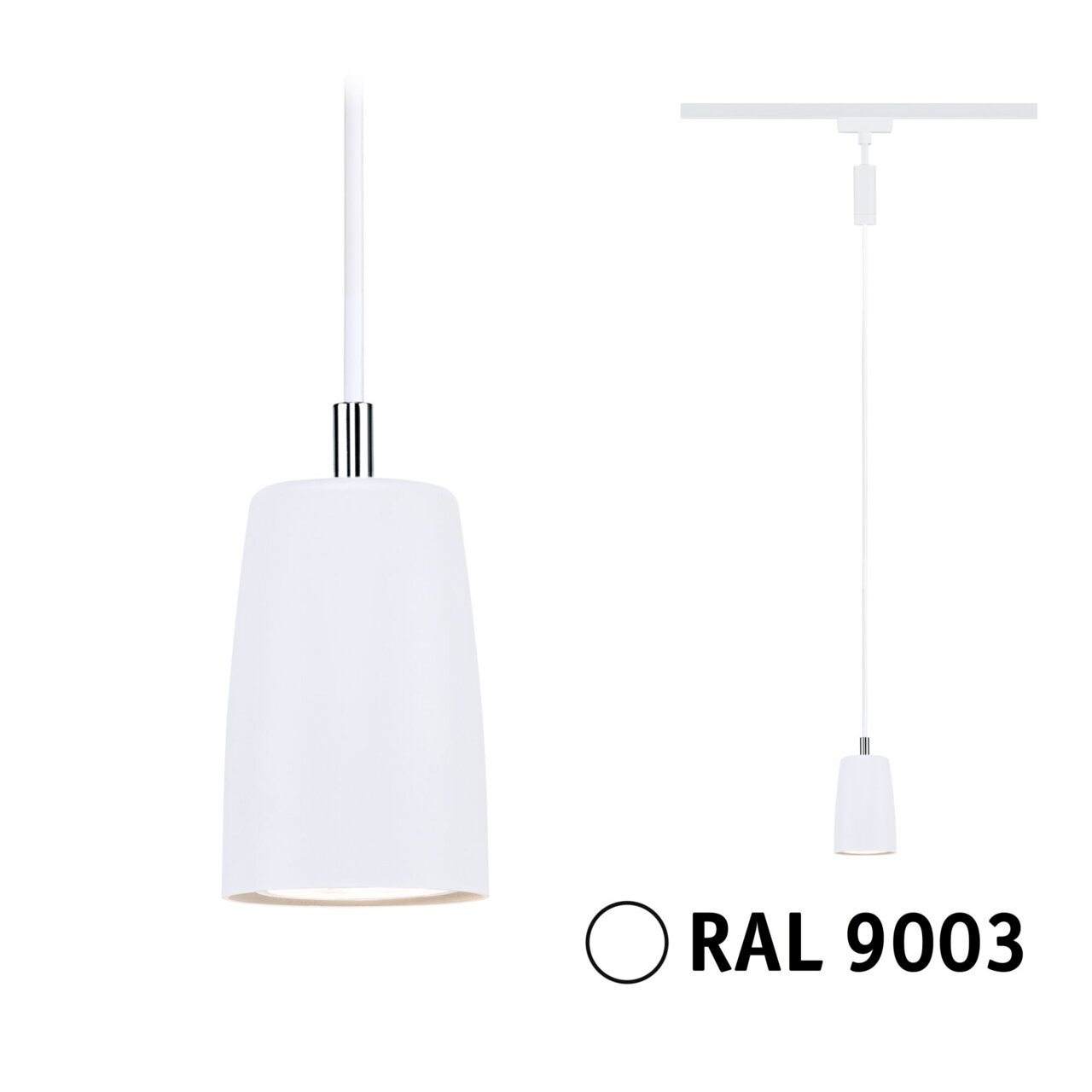Weißes Schienenpendel Cover in RAL 9003, seitliche Perspektive