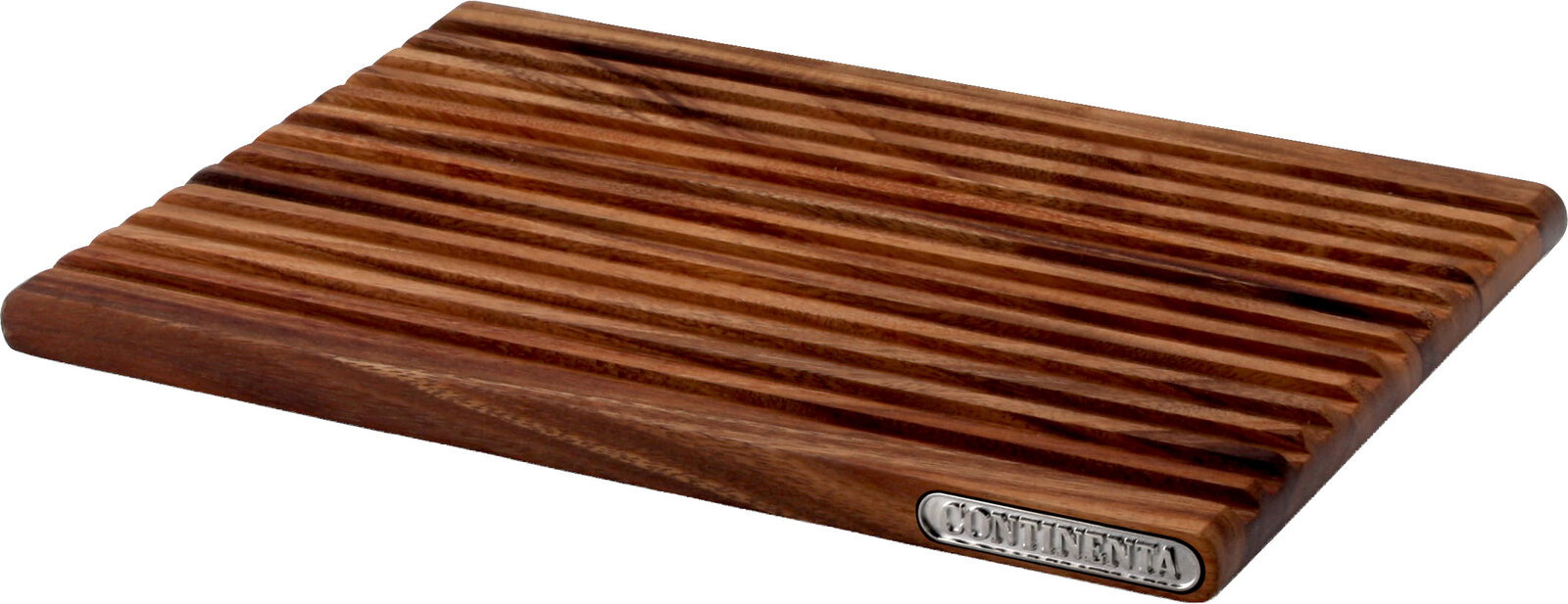 Continenta Brotschneidebrett Geriffeltes Holz-Schneidebrett in dunkler Holzoptik mit Metallplakette „CONTINENTA“, schräg von oben in Perspektive fotografiert.