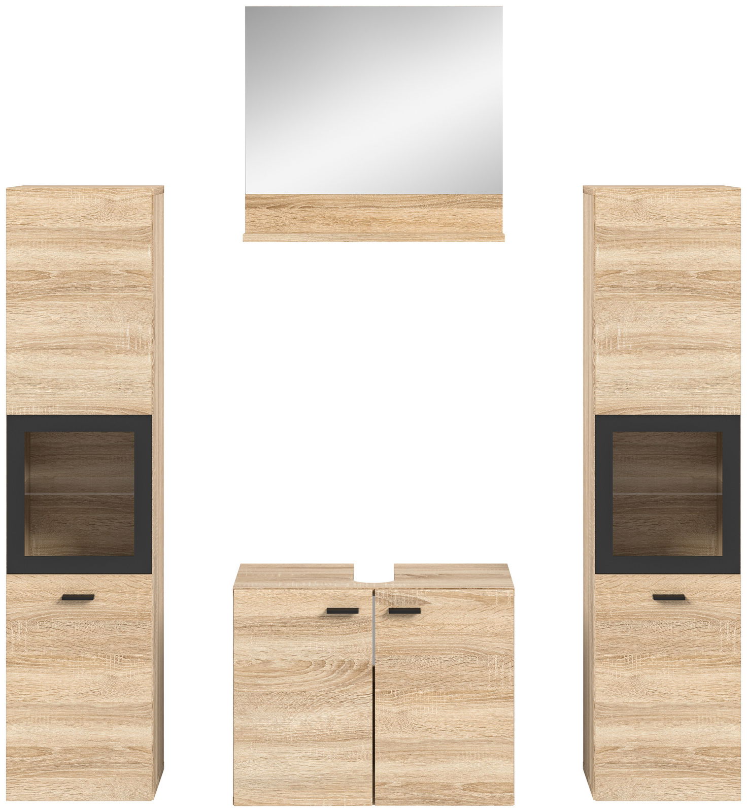 Frontale Ansicht einer Badkombination aus Holzoptik mit zwei hohen Schränken, einem Spiegel und einem Unterschrank.