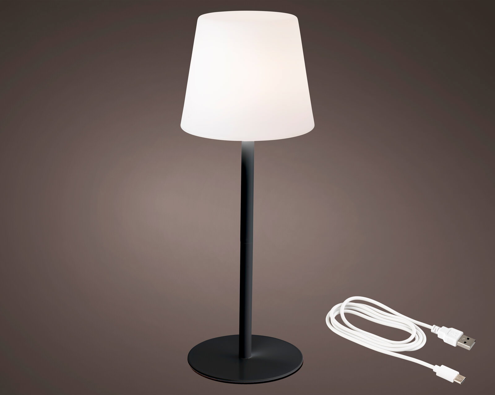 LED Tischlampe mit weißem Schirm und schwarzem Standfuß, seitliche Perspektive, inklusive USB-Kabel