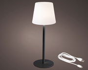 LED Tischlampe mit weißem Schirm und schwarzem Standfuß, seitliche Perspektive, inklusive USB-Kabel