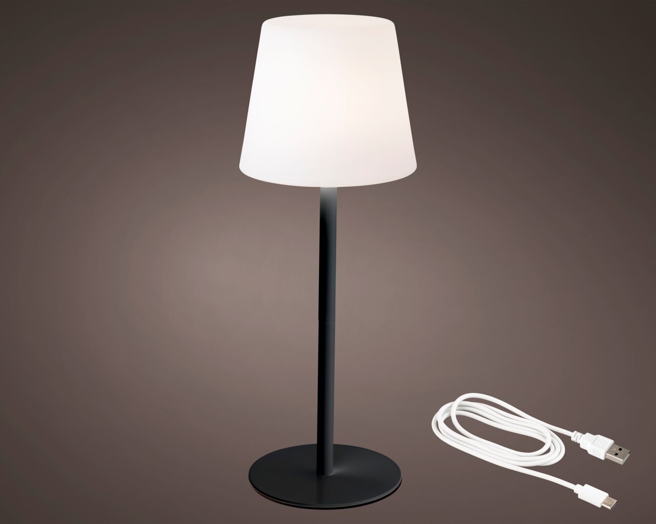 LED Tischlampe mit weißem Schirm und schwarzem Standfuß, seitliche Perspektive, inklusive USB-Kabel