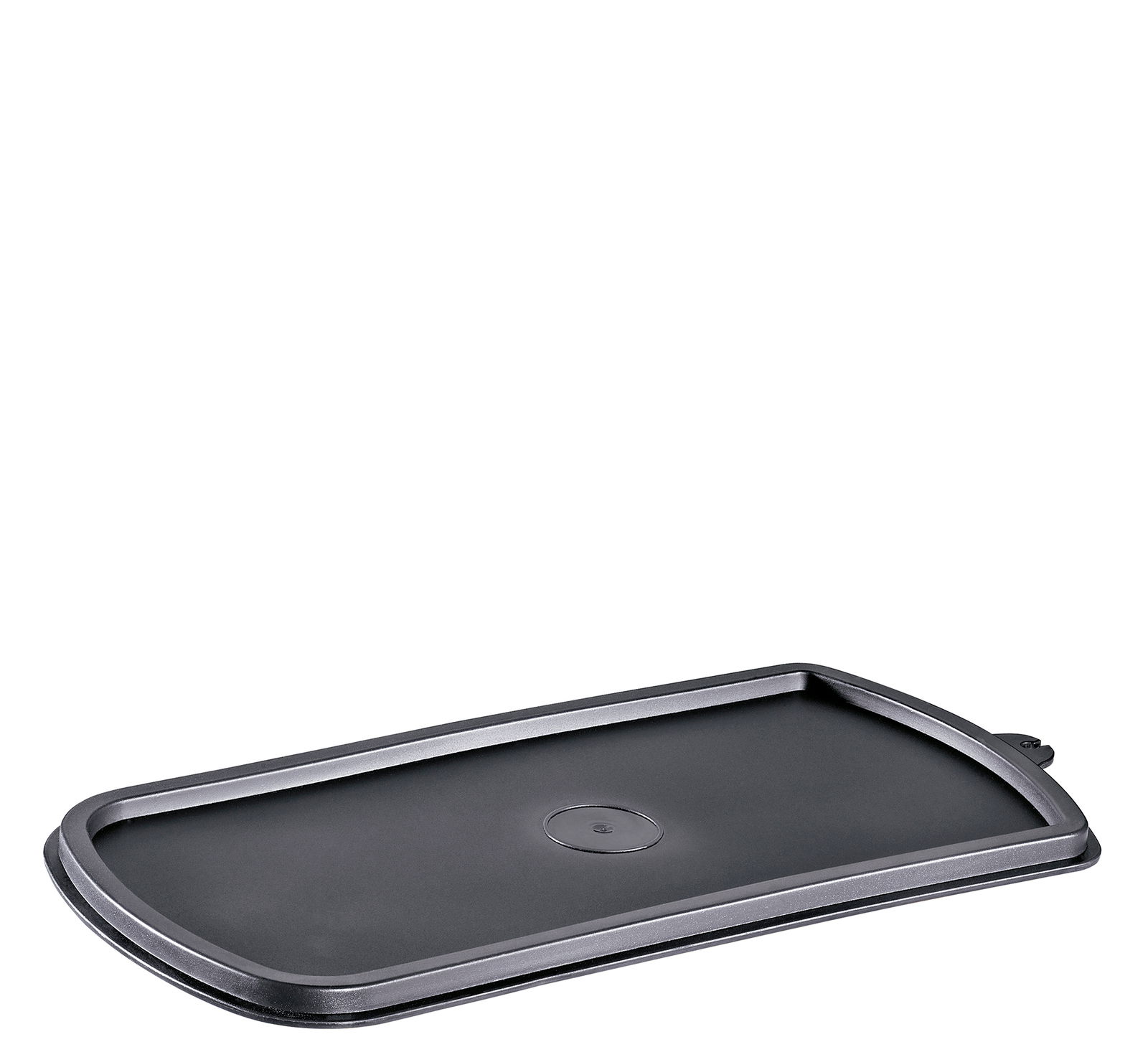 Schwarze rechteckige Platte, leicht erhöht, aus seitlicher Perspektive fotografiert.