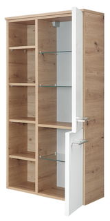 Midischrank aus Holz mit offenen Fächern und einer teilweise geöffneten Tür, Perspektive von vorne rechts