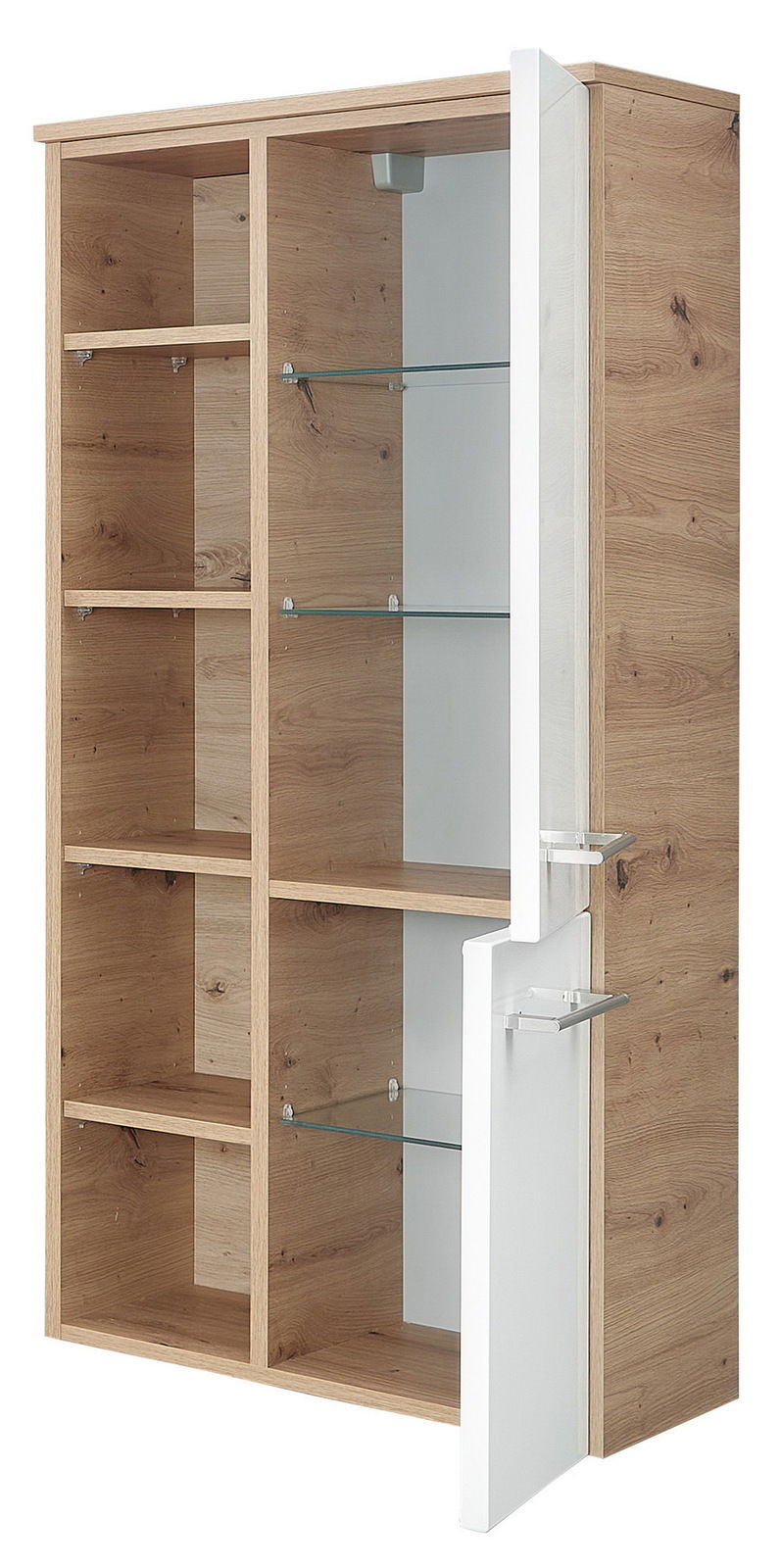 Midischrank aus Holz mit offenen Fächern und einer teilweise geöffneten Tür, Perspektive von vorne rechts