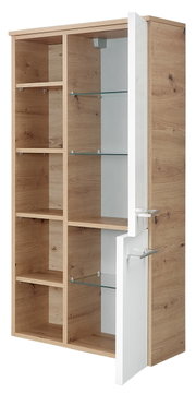 Midischrank aus Holz mit offenen Fächern und einer teilweise geöffneten Tür, Perspektive von vorne rechts