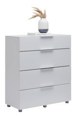 Weiße Schubkastenkommode mit vier Schubladen, dekoriert mit einer Vase und einem Buch, seitliche Perspektive