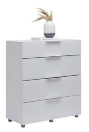 Weiße Schubkastenkommode mit vier Schubladen, dekoriert mit einer Vase und einem Buch, seitliche Perspektive