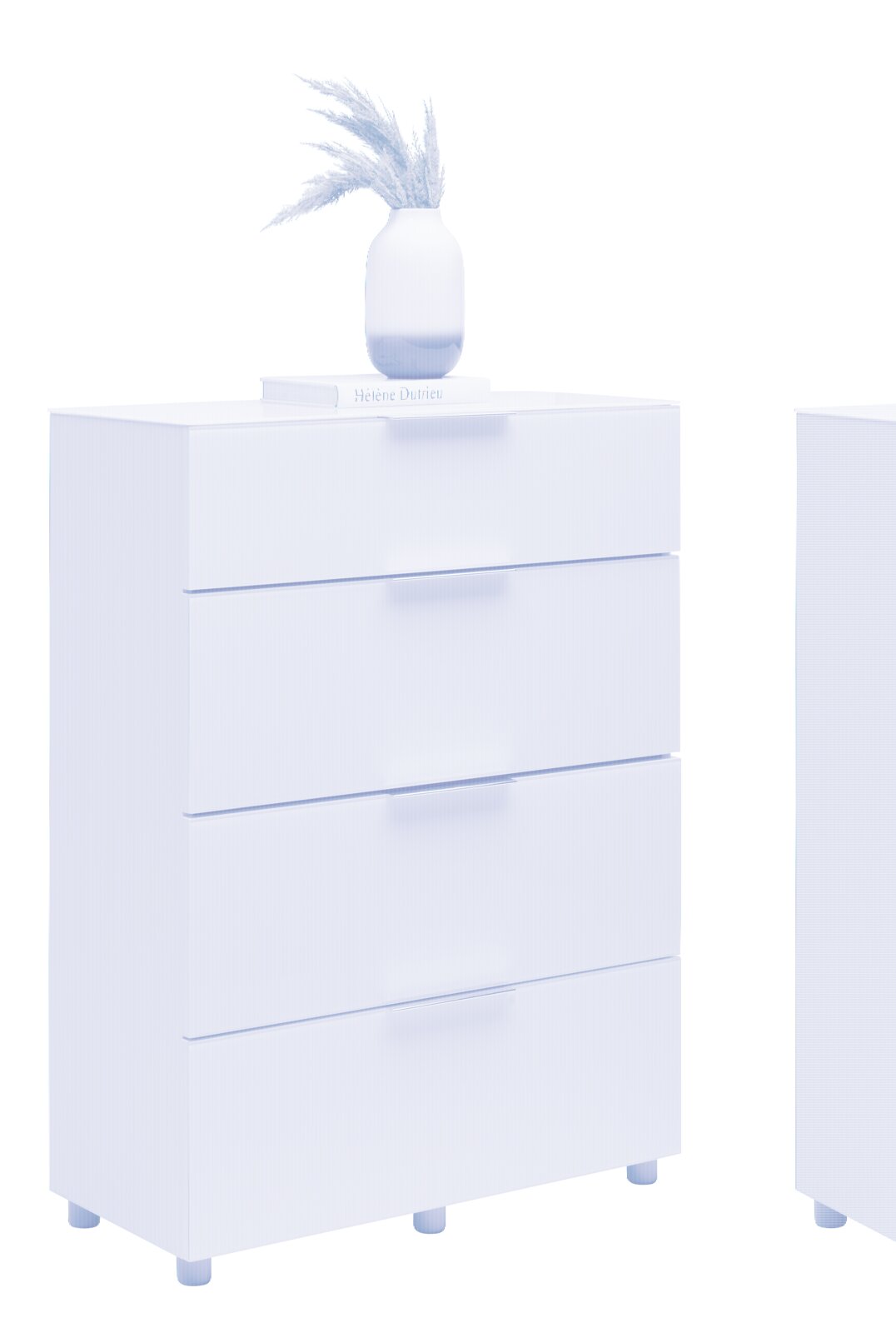 Voleo Schubkastenkommode MALIN Weiße Schubkastenkommode mit vier Schubladen, dekoriert mit einer Vase und einem Buch, seitliche Perspektive