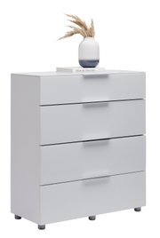 Weiße Schubkastenkommode mit vier Schubladen, dekoriert mit einer Vase und einem Buch, seitliche Perspektive