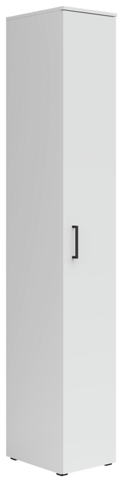 Weißer Mehrzweckschrank mit schwarzem Griff, seitliche Perspektive