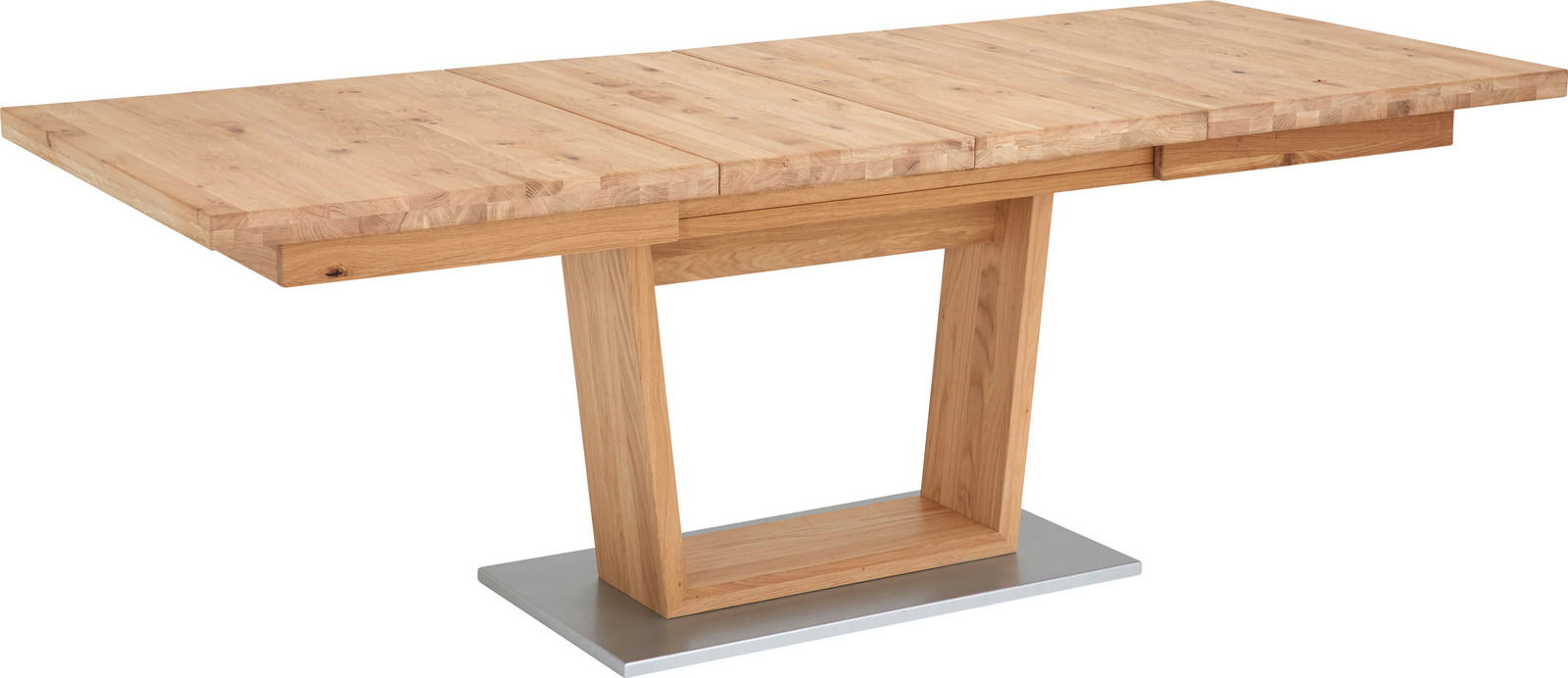 Moderner Esstisch aus Holz mit rechteckiger Tischplatte und einzigartigem Untergestell, seitliche Perspektive