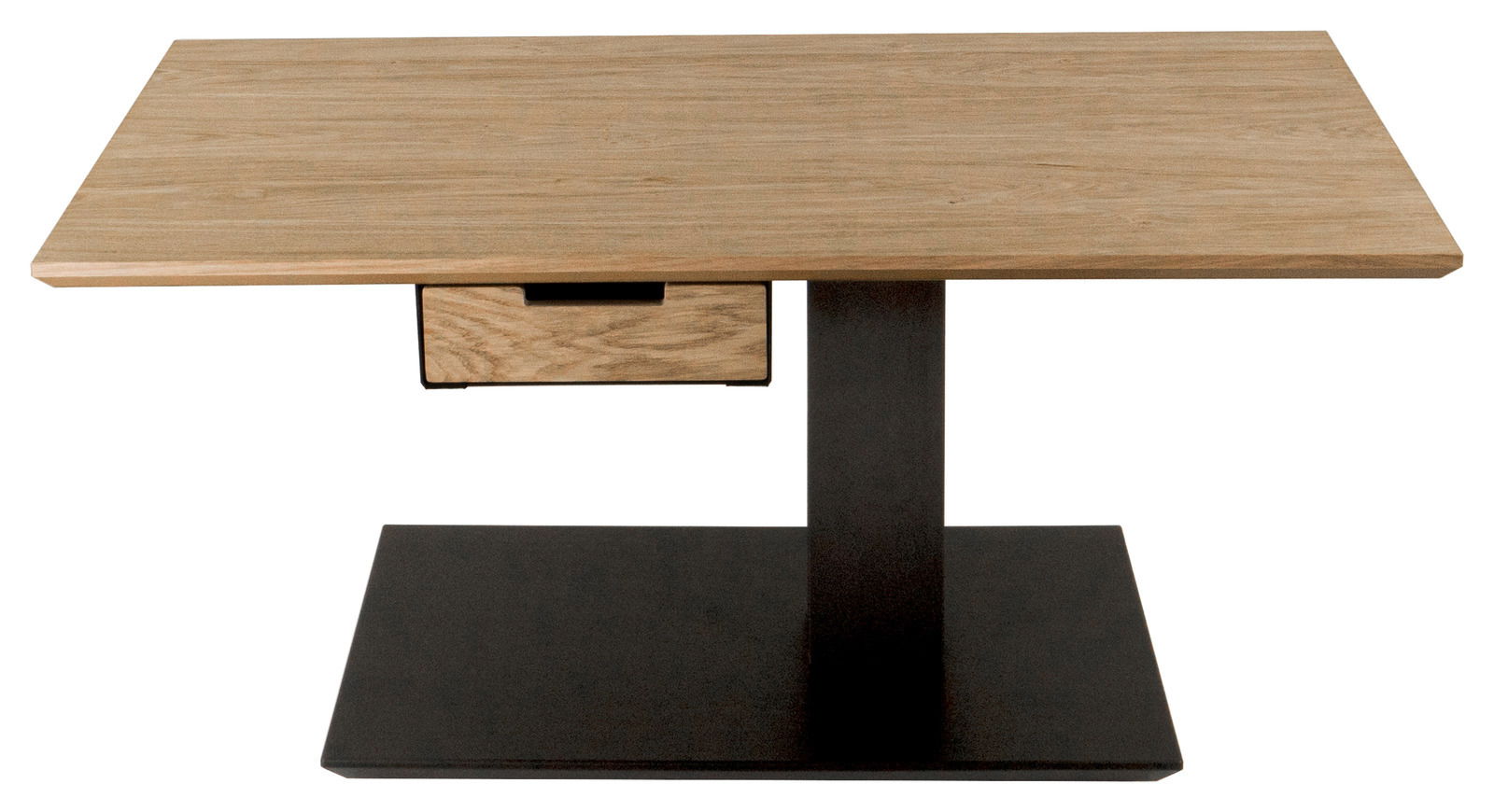 Moderner Couchtisch aus Holz mit schwarzem Metallgestell, frontal betrachtet.