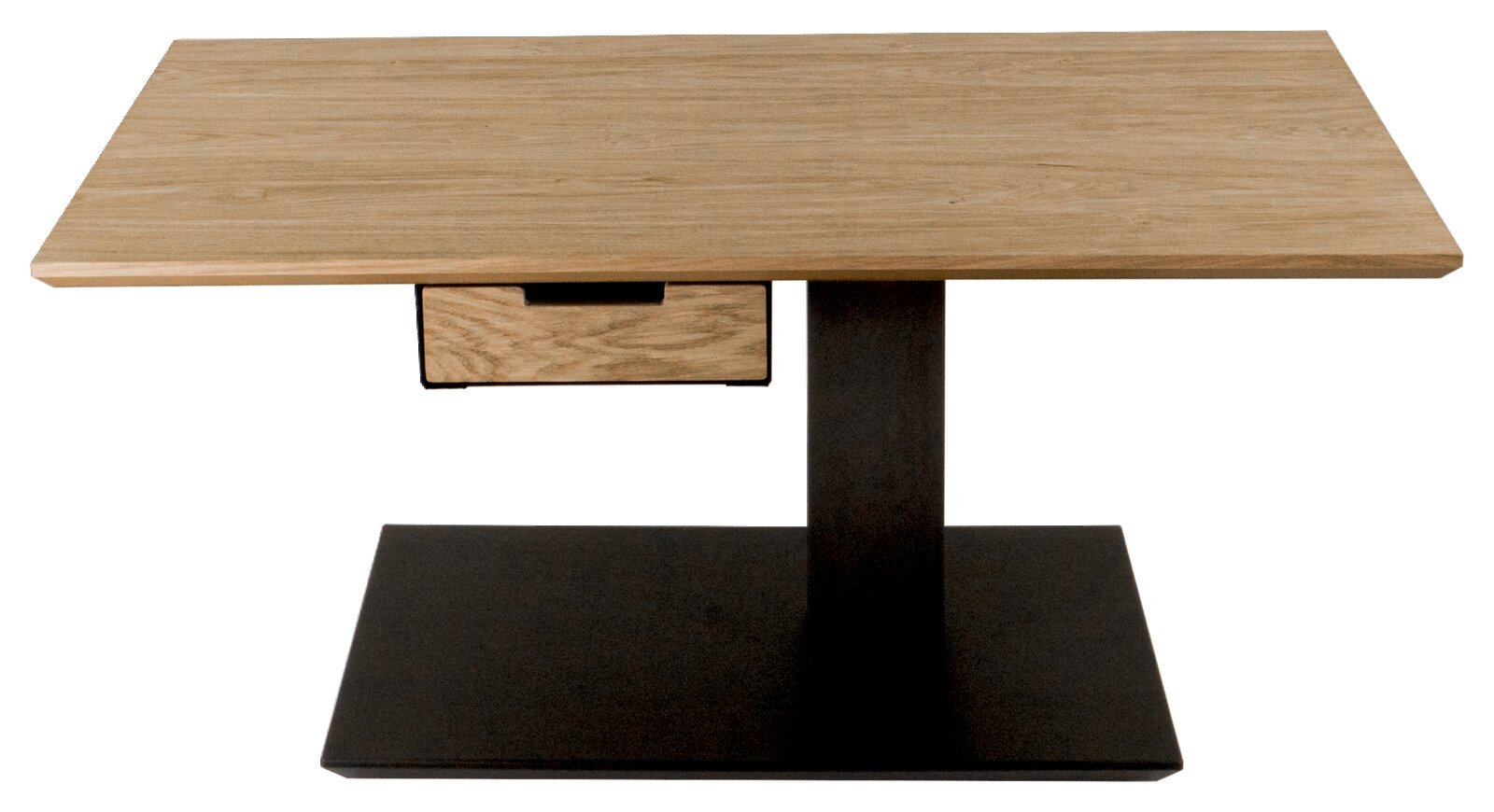 Moderne houten salontafel met een zwart metalen onderstel, gezien vanaf de voorkant.