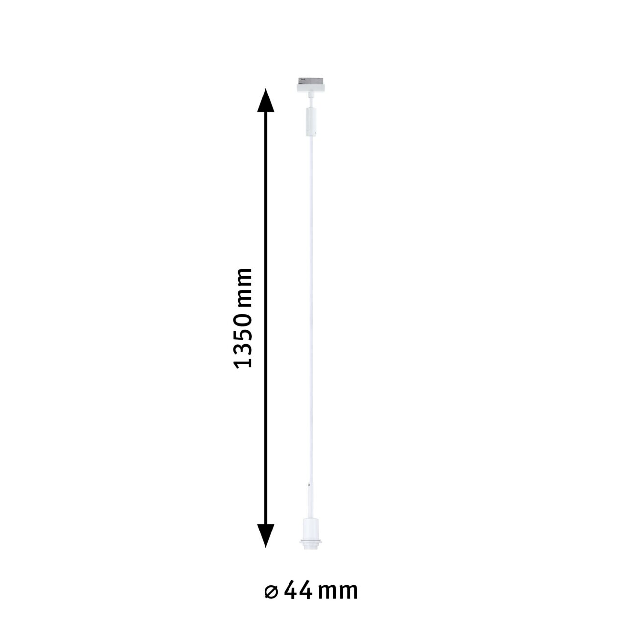 Weißes Basispendel mit einer Länge von 1350 mm und einem Durchmesser von 44 mm, seitliche Ansicht.